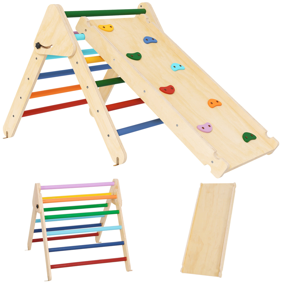 AIYAPLAY Toddler Climbing Frame for Kids, with Ramp, 3-in-1 Wooden Play Triangle Set for 18-48 Months, Multicolour