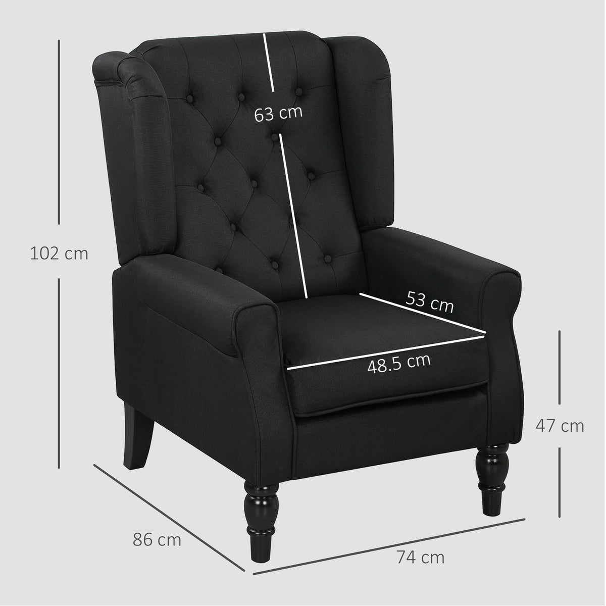 HOMCOM Wingback Accent Chair, Faux Linen Armchair with Thick Spring Cushion, High Back, Solid Wood Legs, Retro Button Tufted Reading Chair for Living Room, Bedroom, Black