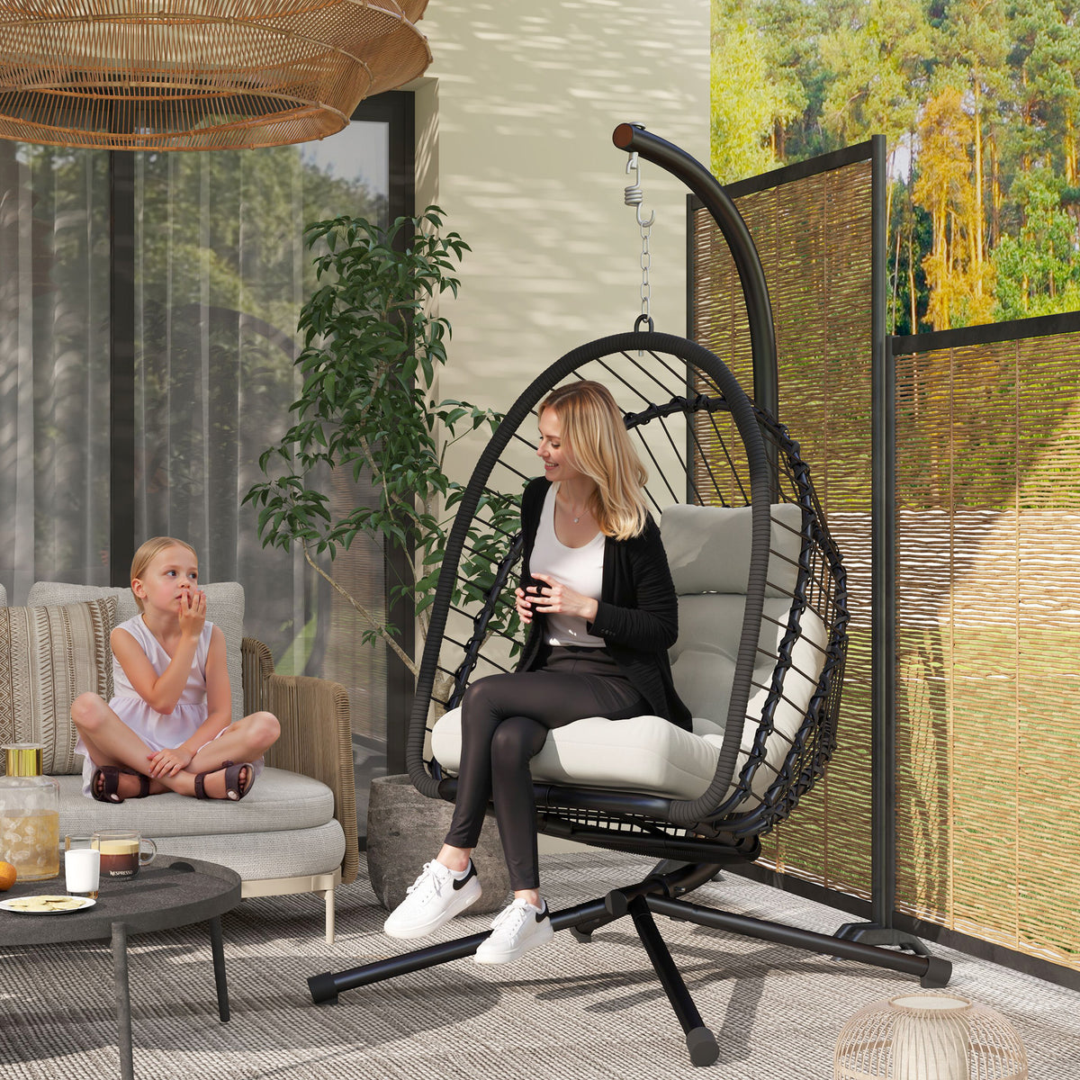 Outsunny Outdoor PE Rattan Swing Chair with Foldable Basket and Cushion, Garden Patio Hanging Egg Chair with Metal Stand, Headrest for Indoor and Outdoor, Black