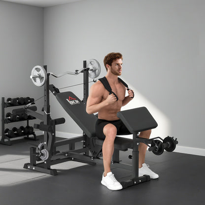 HOMCOM Weight Bench, 6 in 1 Adjustable Bench Press with Leg Extension, Barbell Rack, Preacher Curl Pad, Resistance Band, Multi-Function Home Gym Equipment for Strength Training Weightlifting