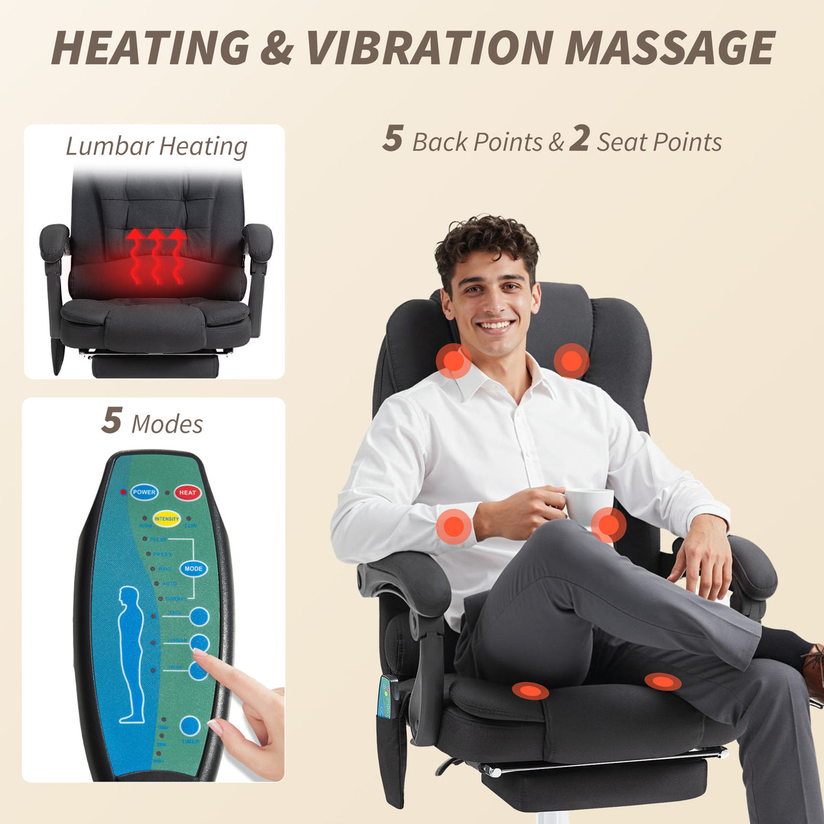 Vinsetto Six-Point Massage and Heated Office Chair with 135°Recline Back - Black