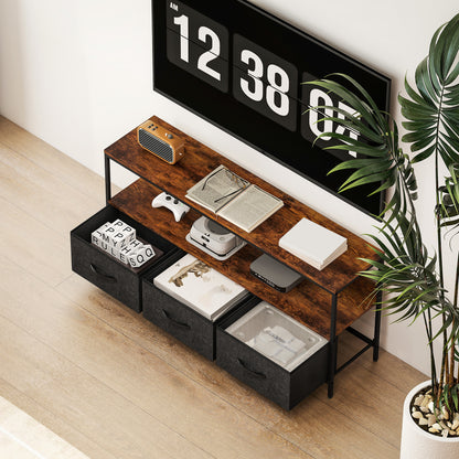 HOMCOM TV Stand Cabinet with 3 Foldable Drawers - Rustic Brown