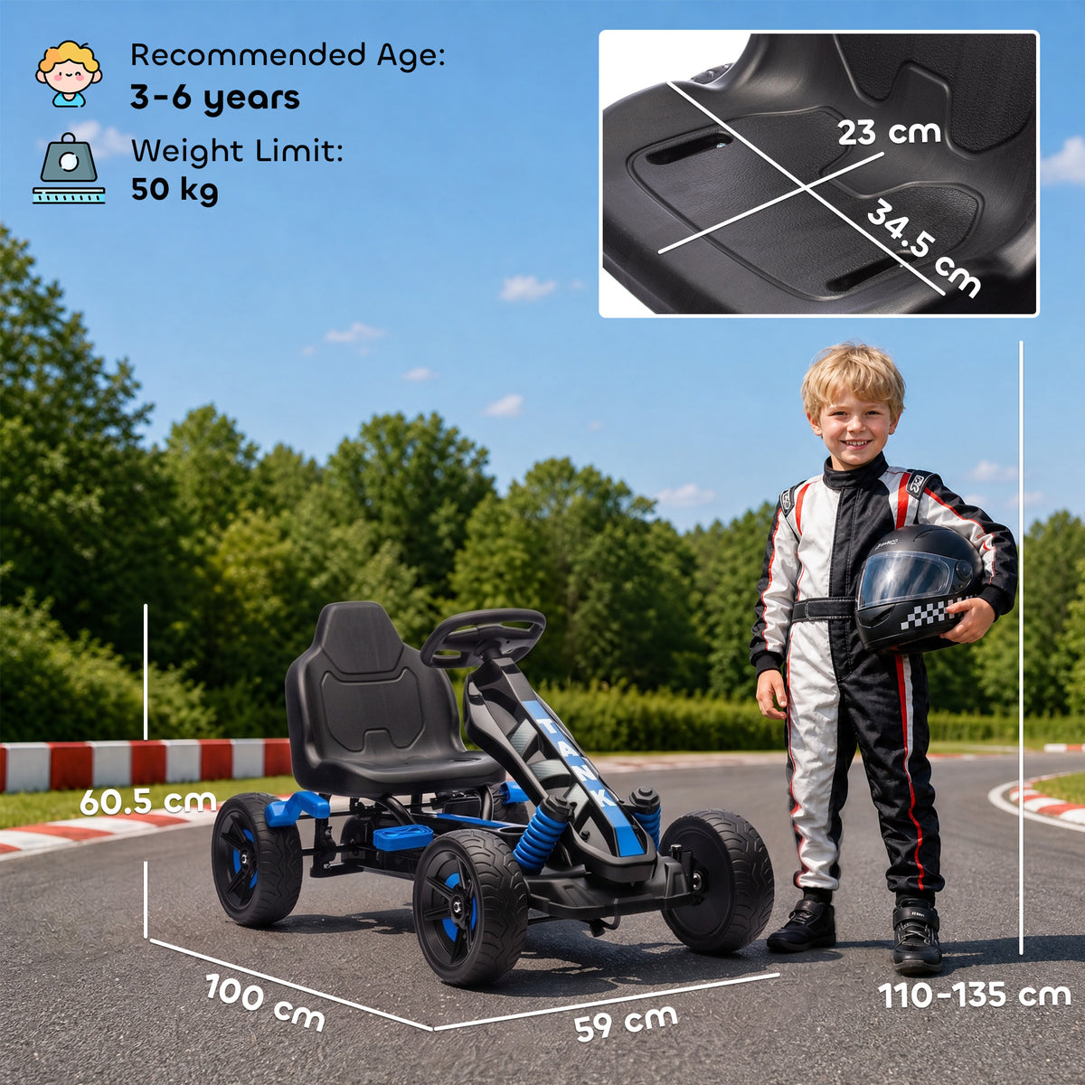 AIYAPLAY Pedal Go Kart for Kids Aged 3-6 Years, with Freewheel System, Brake, EVA Anti-Slip Wheels, Blue