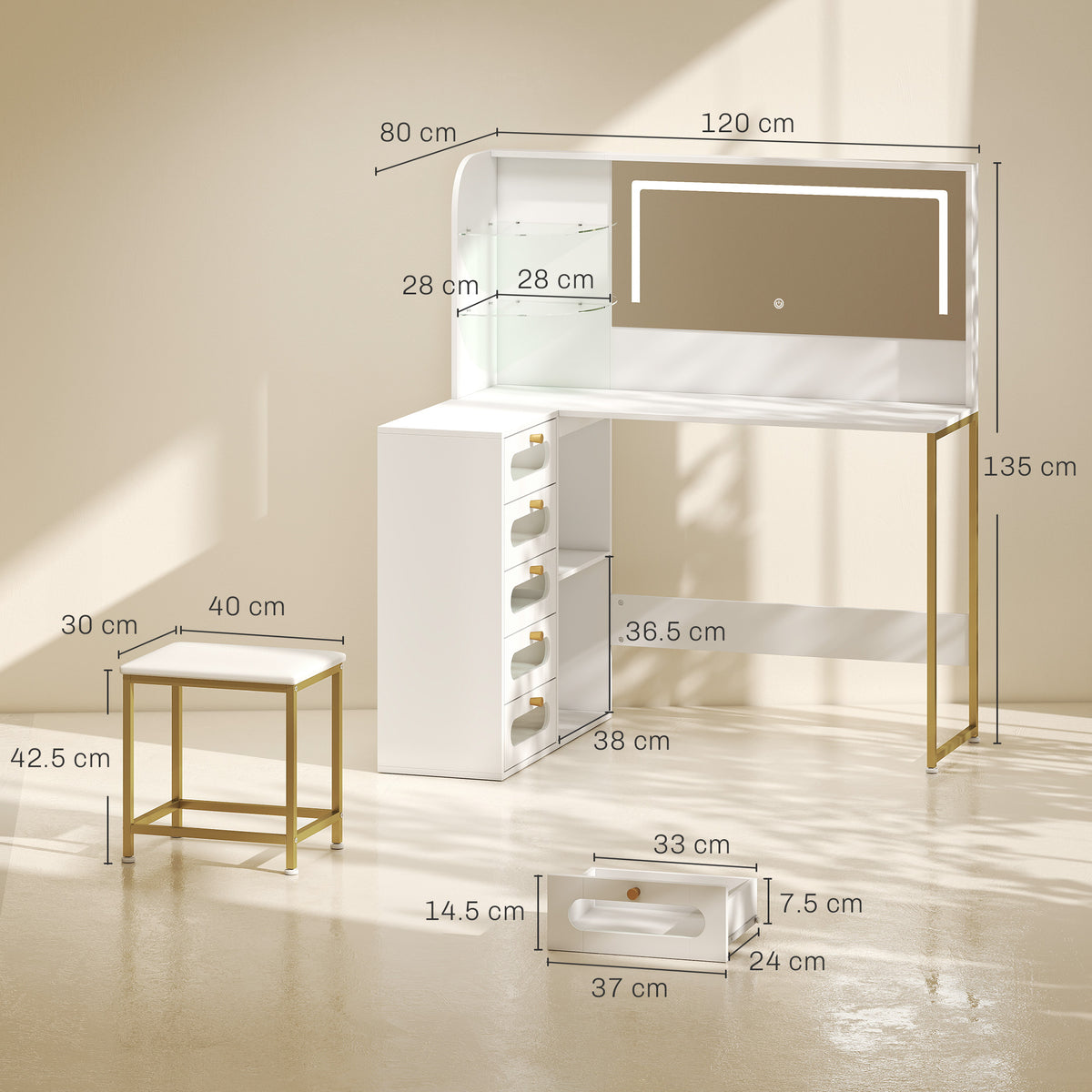 HOMCOM Dressing Table with LED Mirror and Stool, L-Shaped Vanity Desk with Drawers and Shelves, White