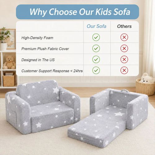 2-in-1 Convertible Toddler Fold Out Sofa Bed with Washable CoverSofa & Glowing Star, Baby Armchair Couch Bed
