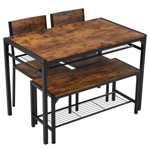 Dining Table Set for 4, Kitchen Table with 2 Chairs and a Bench, 4 Piece Kitchen Table Set for Small Space, Home Kitchen Bar Pub Apartment, Rustic Brown