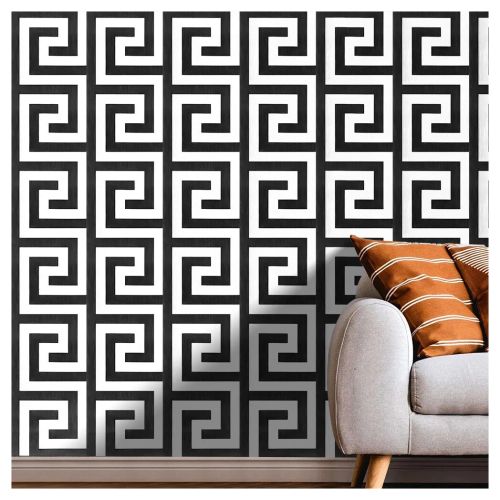 Debona Athena Greek Key Metallic Glitter Wallpaper All Colours-White Black