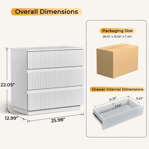 Handleless Grille-Finished 3-Drawer Bedside Table P2 Particleboard + MDF & Melamine Veneer + Thermoformed Drawer Dresser 23.62*12.99*22.05in White