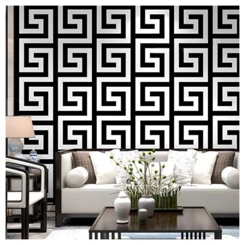 Debona Athena Greek Key Metallic Glitter Wallpaper All Colours-White Black