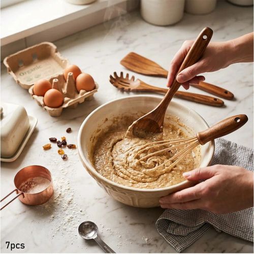 7PCS Wooden Utensils Set Kitchent, Wooden Spoons Cooking Utensils Set