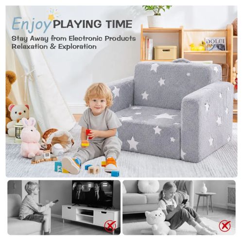 2-in-1 Convertible Toddler Fold Out Sofa Bed with Washable CoverSofa & Glowing Star, Baby Armchair Couch Bed