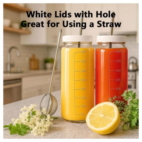 16Oz 4pcs Pack Juice Bottles, Glass Bottles with Lids, Smoothie Cup Lids and Straw