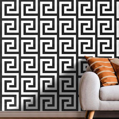 Debona Athena Greek Key Metallic Glitter Wallpaper All Colours-White Black