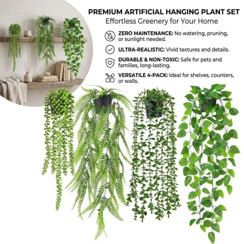 4PC Artificial Hanging Plants in Pots Indoor Fake Trailing Plants Home Office UK