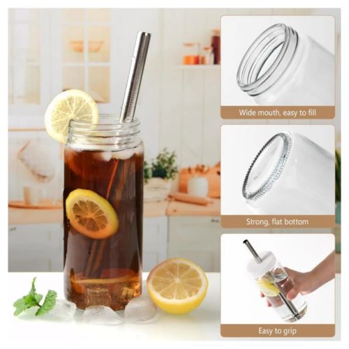 16Oz 4pcs Pack Juice Bottles, Glass Bottles with Lids, Smoothie Cup Lids and Straw