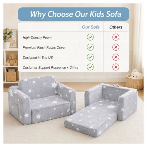 2-in-1 Convertible Toddler Fold Out Sofa Bed with Washable CoverSofa & Glowing Star, Baby Armchair Couch Bed