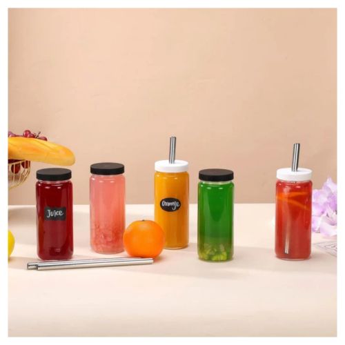 16Oz 4pcs Pack Juice Bottles, Glass Bottles with Lids, Smoothie Cup Lids and Straw