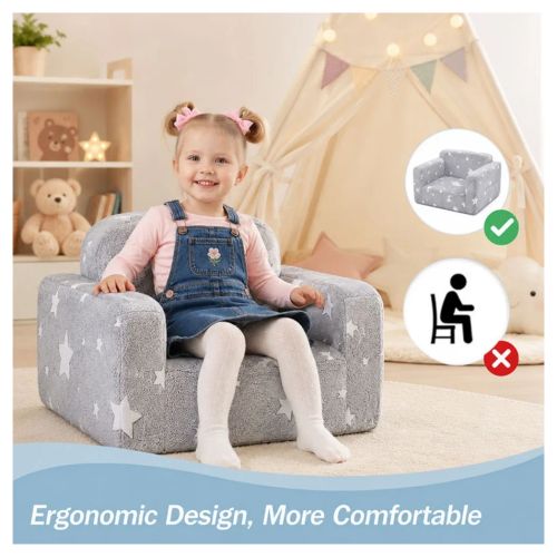 2-in-1 Convertible Toddler Fold Out Sofa Bed with Washable CoverSofa & Glowing Star, Baby Armchair Couch Bed
