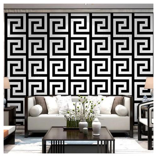 Debona Athena Greek Key Metallic Glitter Wallpaper All Colours-White Black