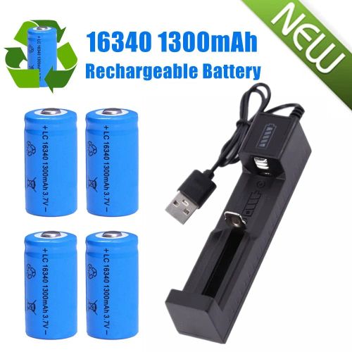 4 x 16340 Batteries 3.7V Li-ion Rechargeable Battery+1 x USB Charger  (US Logistics For USPS/DHL/Fedex/UPS. No designated logistics accepted，TK/TMEU only For self-pickup）