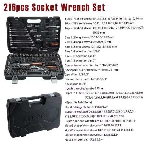 216 PCS Socket Set 1/4 3/8 1/2" Spanner Drive Ratchet Wrench Mechanic Tool Kit