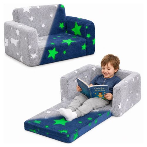 2-in-1 Convertible Toddler Fold Out Sofa Bed with Washable CoverSofa & Glowing Star, Baby Armchair Couch Bed
