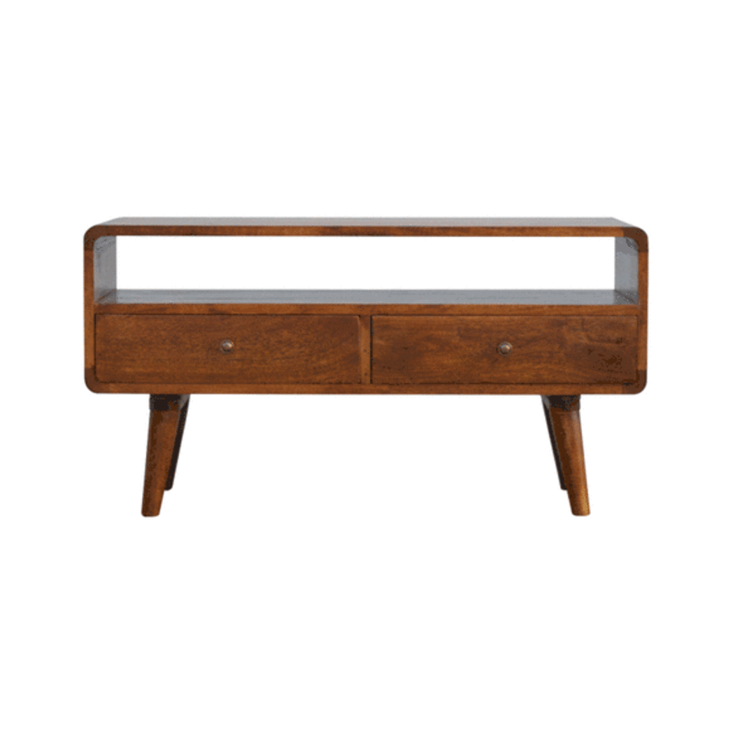 Artisan Furniture Solid Wood Curved Chestnut Media Unit, 2 Drawers, Dark Brown