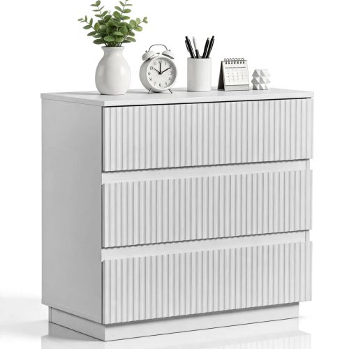 Handleless Grille-Finished 3-Drawer Bedside Table P2 Particleboard + MDF & Melamine Veneer + Thermoformed Drawer Dresser 23.62*12.99*22.05in White