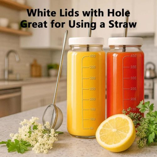 16Oz 4pcs Pack Juice Bottles, Glass Bottles with Lids, Smoothie Cup Lids and Straw
