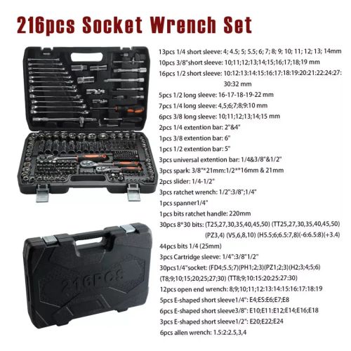 216 PCS Socket Set 1/4 3/8 1/2" Spanner Drive Ratchet Wrench Mechanic Tool Kit