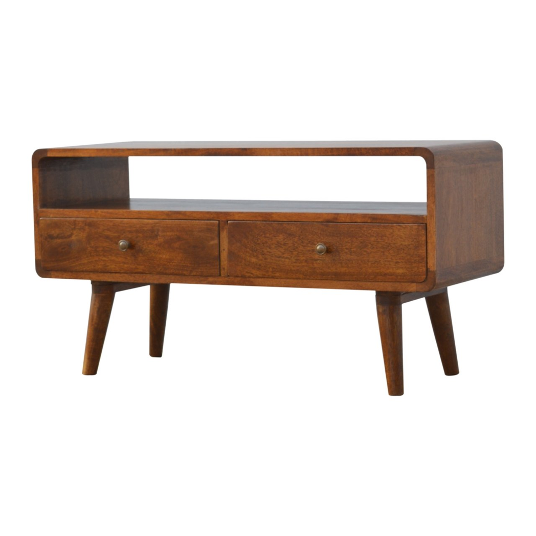 Artisan Furniture Solid Wood Curved Chestnut Media Unit, 2 Drawers, Dark Brown