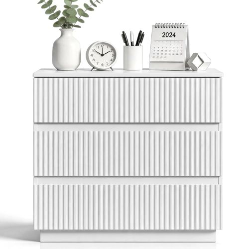 Handleless Grille-Finished 3-Drawer Bedside Table P2 Particleboard + MDF & Melamine Veneer + Thermoformed Drawer Dresser 23.62*12.99*22.05in White