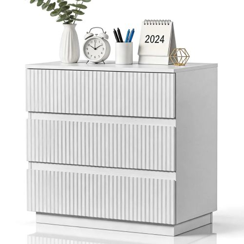 Handleless Grille-Finished 3-Drawer Bedside Table P2 Particleboard + MDF & Melamine Veneer + Thermoformed Drawer Dresser 23.62*12.99*22.05in White