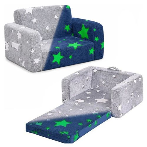 2-in-1 Convertible Toddler Fold Out Sofa Bed with Washable CoverSofa & Glowing Star, Baby Armchair Couch Bed