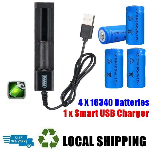 4 x 16340 Batteries 3.7V Li-ion Rechargeable Battery+1 x USB Charger  (US Logistics For USPS/DHL/Fedex/UPS. No designated logistics accepted，TK/TMEU only For self-pickup）