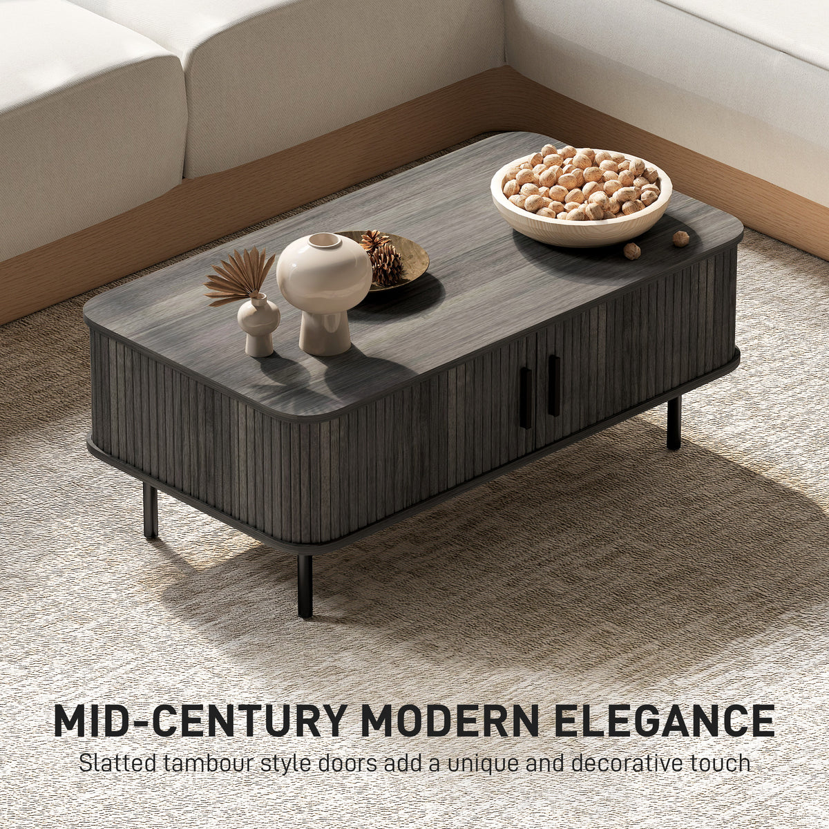 HOMCOM Coffee Table with Storage, Living Room Table with Slatted Tambour Sliding Doors and Adjustable Foot Pads, Rectangular Coffee Table with Elevated Base for Living Room, Grey Wood-Effect