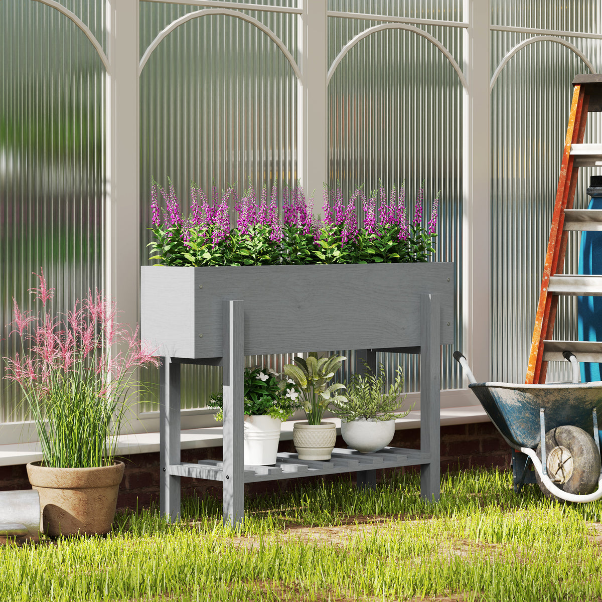 Outsunny Wooden Two-Tier Raised Planter, Two Drainage Holes, 35L - Grey