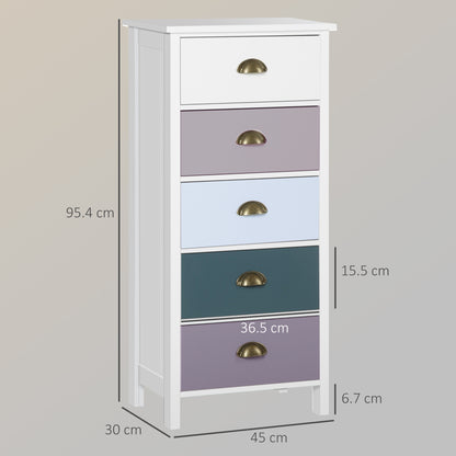 HOMCOM Slim Storage Cabinet Organiser, Chest of Drawers, 5-Drawer Dresser with Metal Handle for Living Room, Bedroom, Blue