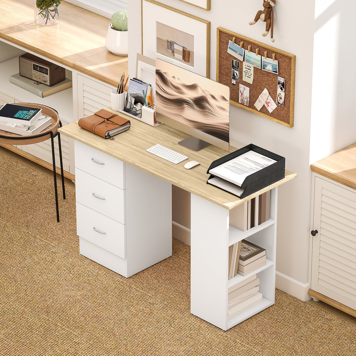 HOMCOM Computer Desk with Drawers, Home Office Desk, Writing Table, PC Workstation with 3 Storage Shelves for Working, Study, 120 x 49 x 72 cm, Natural Wood Finish and White