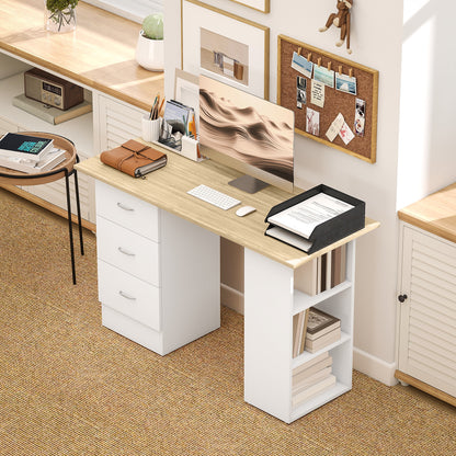 HOMCOM Computer Desk with Drawers, Home Office Desk, Writing Table, PC Workstation with 3 Storage Shelves for Working, Study, 120 x 49 x 72 cm, Natural Wood Finish and White