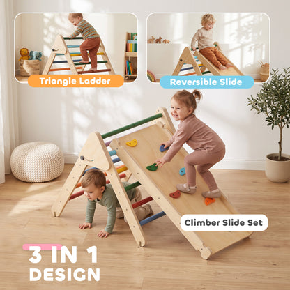 AIYAPLAY Toddler Climbing Frame for Kids, with Ramp, 3-in-1 Wooden Play Triangle Set for 18-48 Months, Multicolour