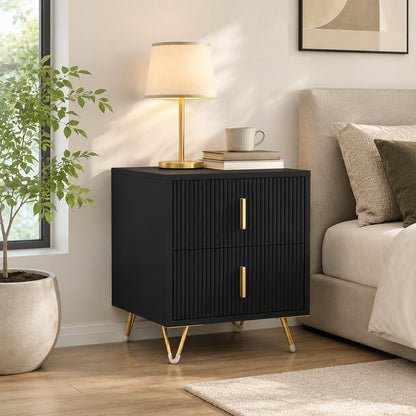 HOMCOM Elegant Fluted Bedside Table - Black/Gold-Tone