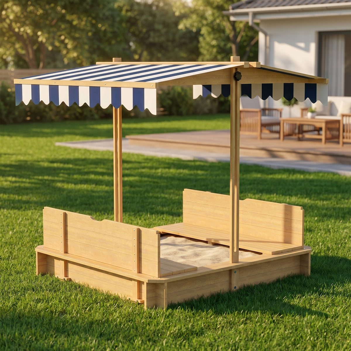 Outsunny Kids Square Wooden Sandpit, Children Sandbox Outdoor Playset