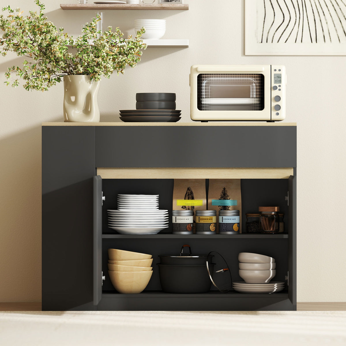 HOMCOM Kitchen Island, Storage Cabinet with Adjustable Shelf, 2 Drawers, 3 Open Shelves, Black