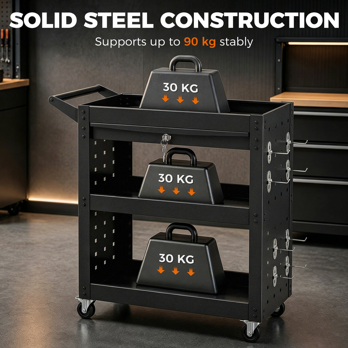 HOMCOM Tool Cart with Lockable Wheels, Rolling Workshop Cart with 3-Tier Trays, Drawer, Pegboards, Black