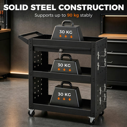 HOMCOM Tool Cart with Lockable Wheels, Rolling Workshop Cart with 3-Tier Trays, Drawer, Pegboards, Black