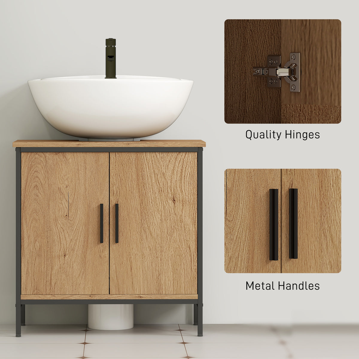 HOMCOM Bathroom Vanity Unit, Under Sink Storage Cabinet with 2 Doors, Adjustable Shelf for Basin without or with Pedestal, Oak