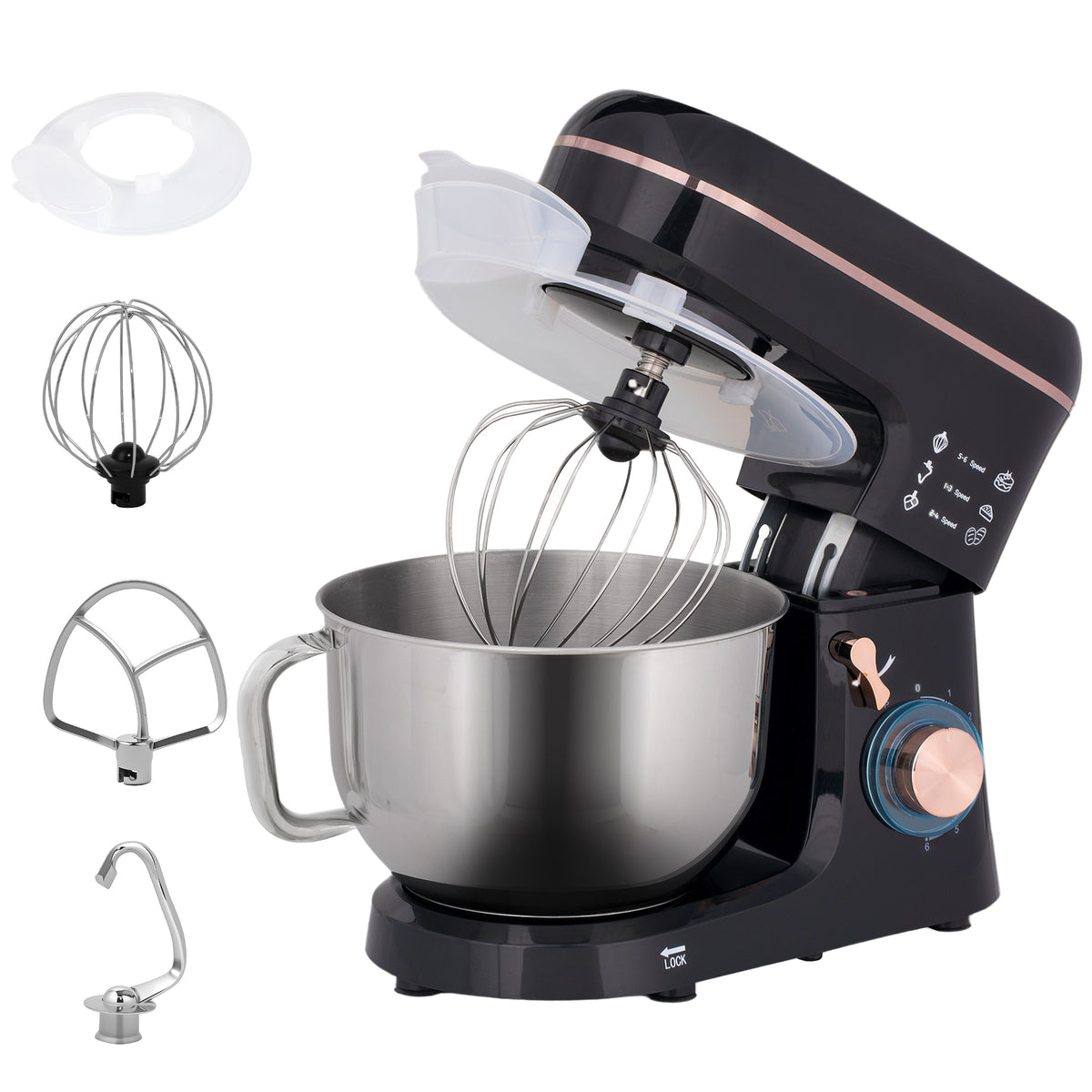HOMCOM Stand Mixer, 5L Food Mixer for Baking, 6 Speeds and Pulse Setting, 1400W Cake Electric Kitchen Mixer with Dough Hook, Whisk, Stainless Steel Bowl, Splash Guard, Beater, Black