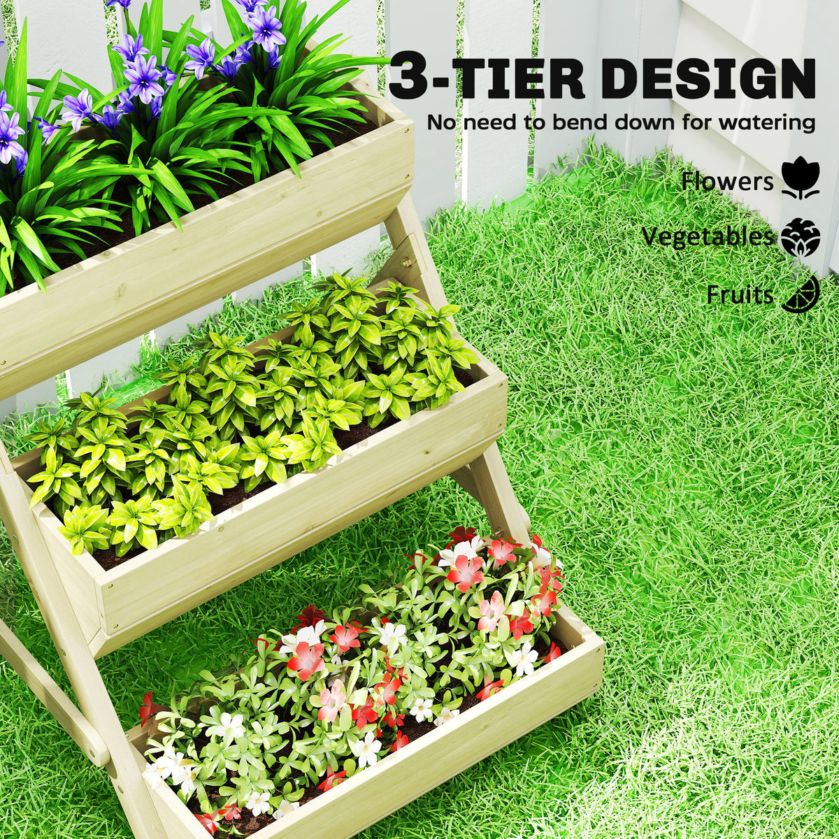 Outsunny 3 Tier Raised Garden Bed Wooden Elevated Planter Box Kit, 66L for Flower, Vegetable, Herb, 65x75x78cm, Green
