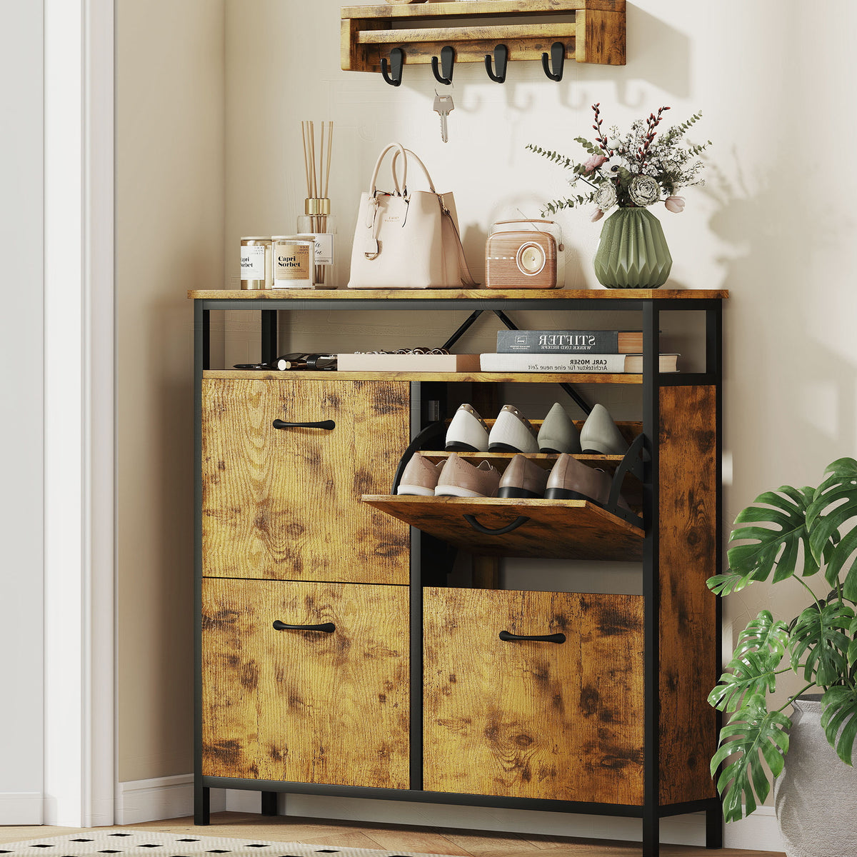 HOMCOM Shoe Storage Cabinet with 4 Flip Drawers and Open Shelf - Rustic Brown